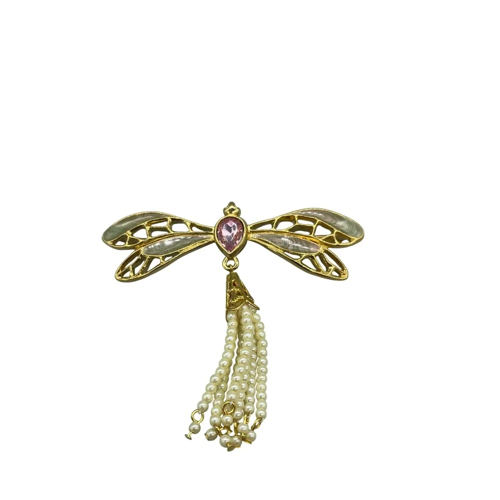 Vintage Avon Gold Tone Dragonfly Brooch Pink Crystal‎ Pearl Tassel Enamel Pin